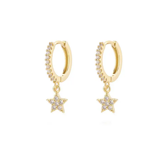 White Cubic Zirconia Star Drop Huggie Earring in Gold