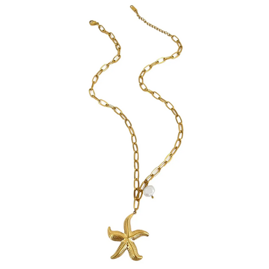 Starfish & Pearl Paperclip Chain Necklace in Gold