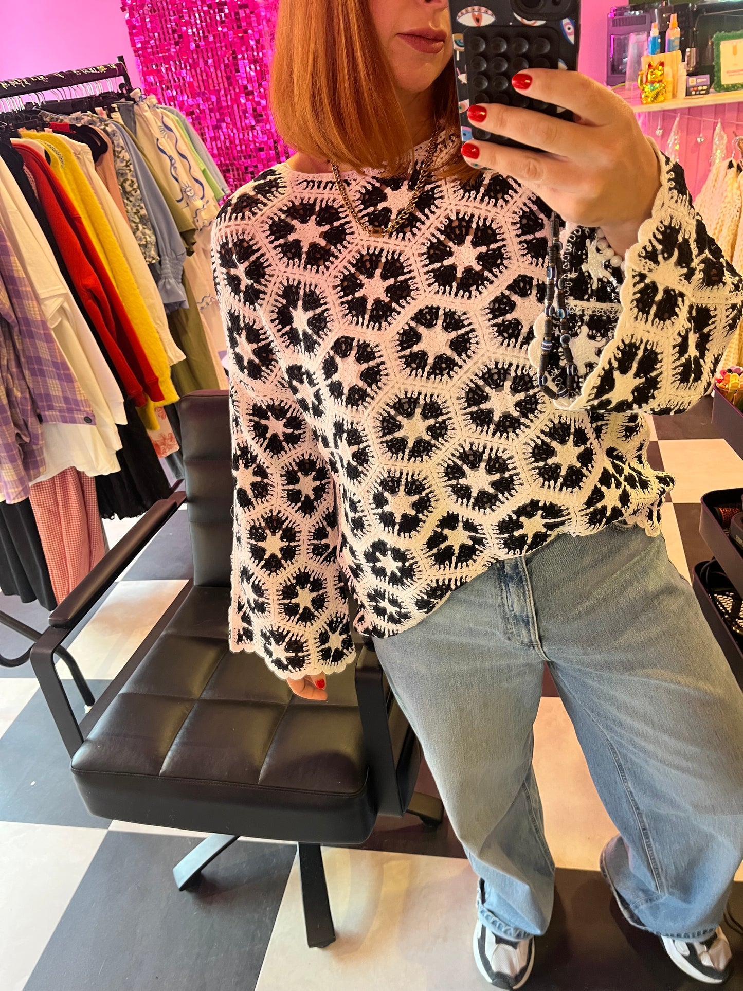Black and White Long Crochet Scallop Top