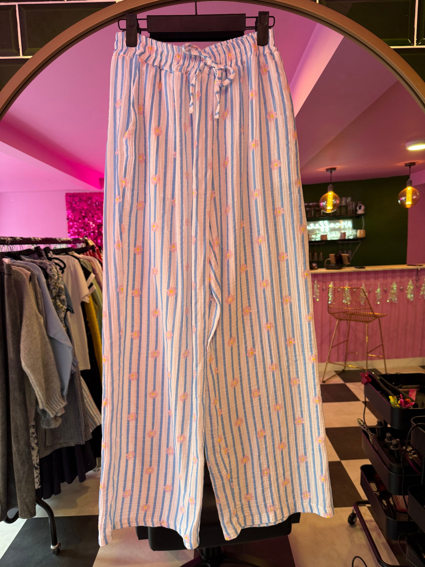 Blue Cotton Striped and Flowers Print Trouser