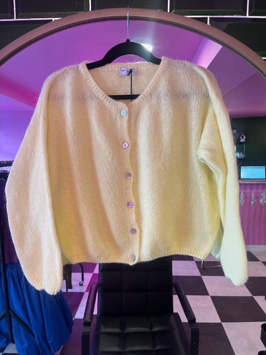 Button Up Mohair Cardigan in Lemon, Mint and Coral