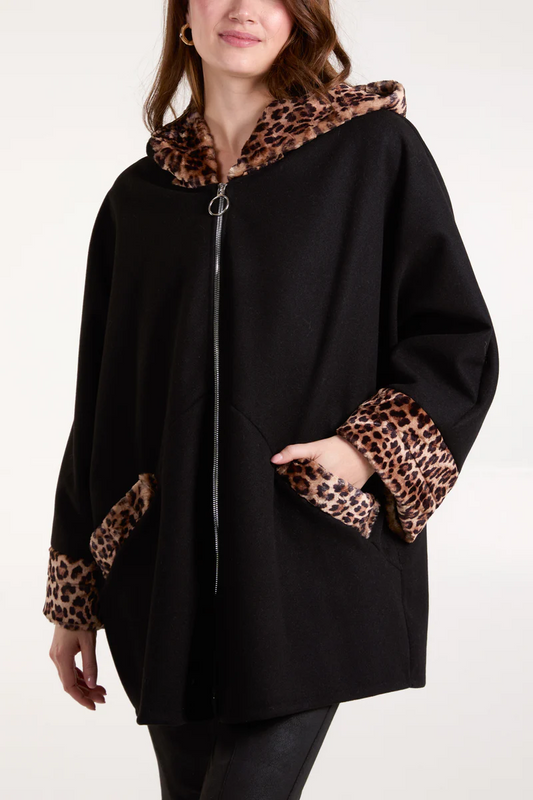 Lightweight Leopard Fur Trim Hooded Coat