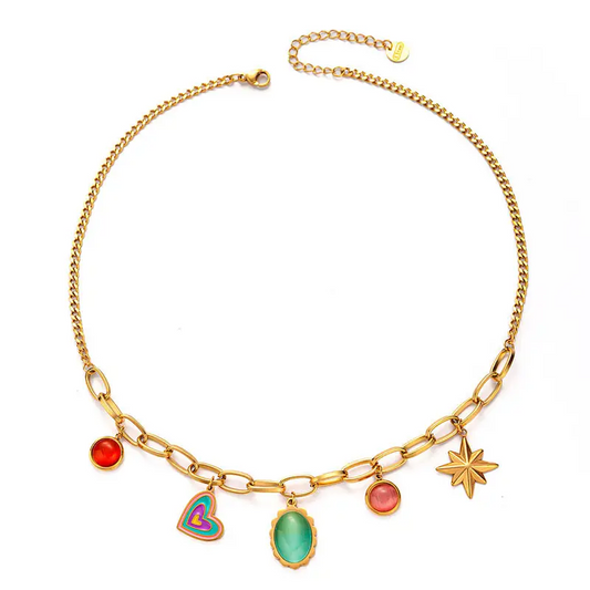 Multi Rainbow Charm Necklace in Gold