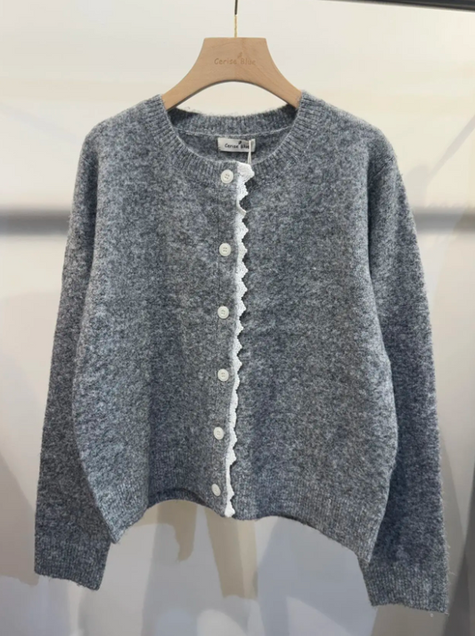 Grey Cardigan With White Lace Trim
