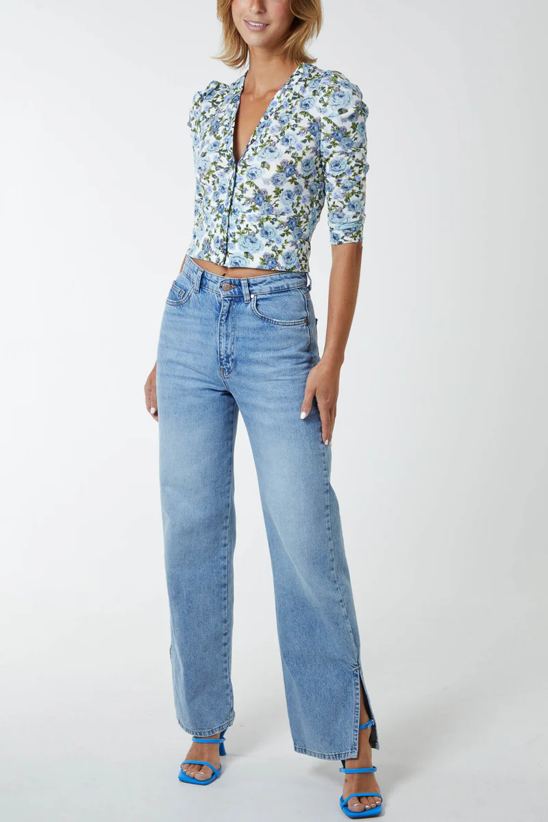 Puff Shoulder Flower Button Top