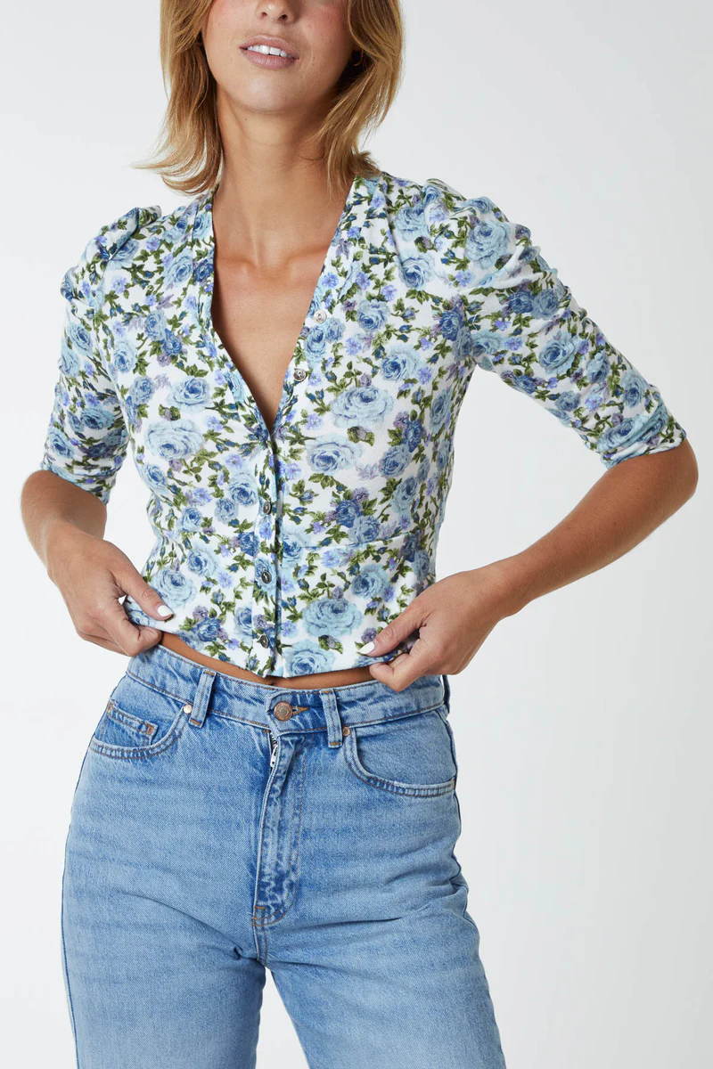 Puff Shoulder Flower Button Top