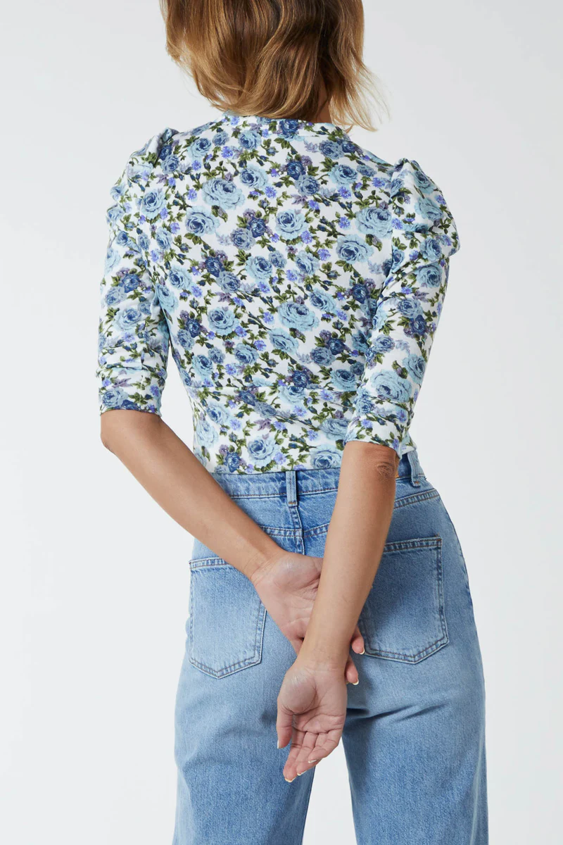 Puff Shoulder Flower Button Top