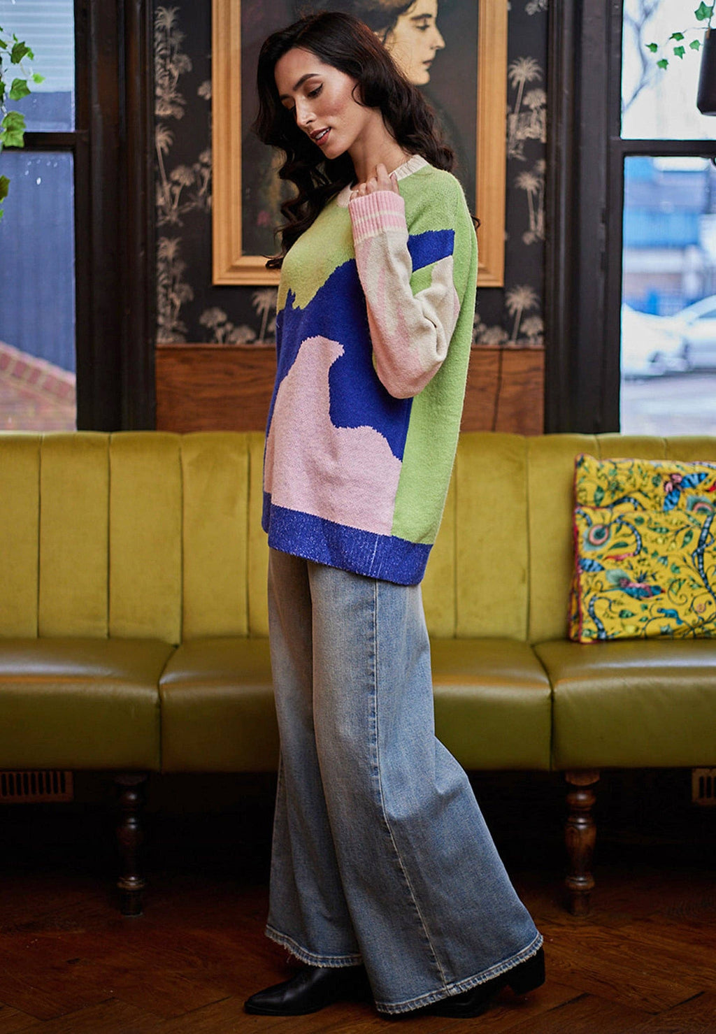 Abstract Knit Jumper In Green, Blue and Pink