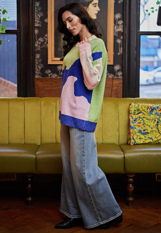 Abstract Knit Jumper In Green, Blue and Pink