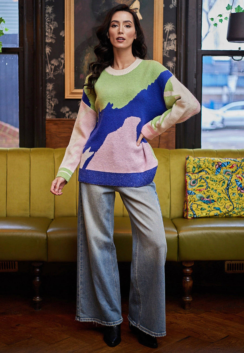 Abstract Knit Jumper In Green, Blue and Pink