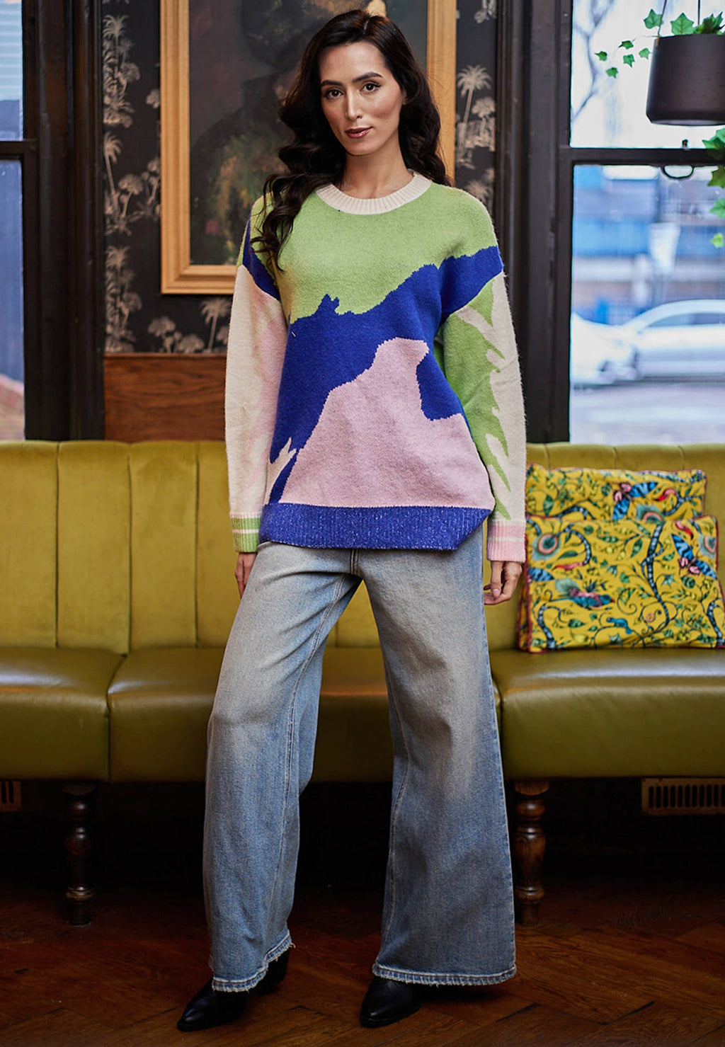 Abstract Knit Jumper In Green, Blue and Pink