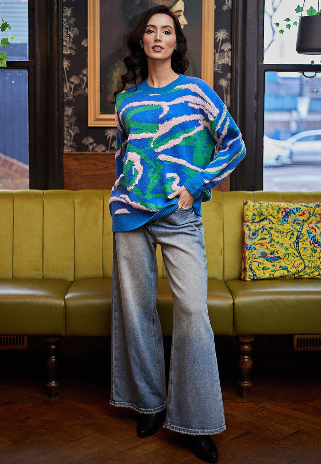 Abstract Print Knit Jumper In Blue