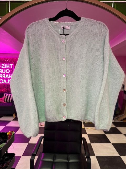 Button Up Mohair Cardigan in Lemon, Mint and Coral