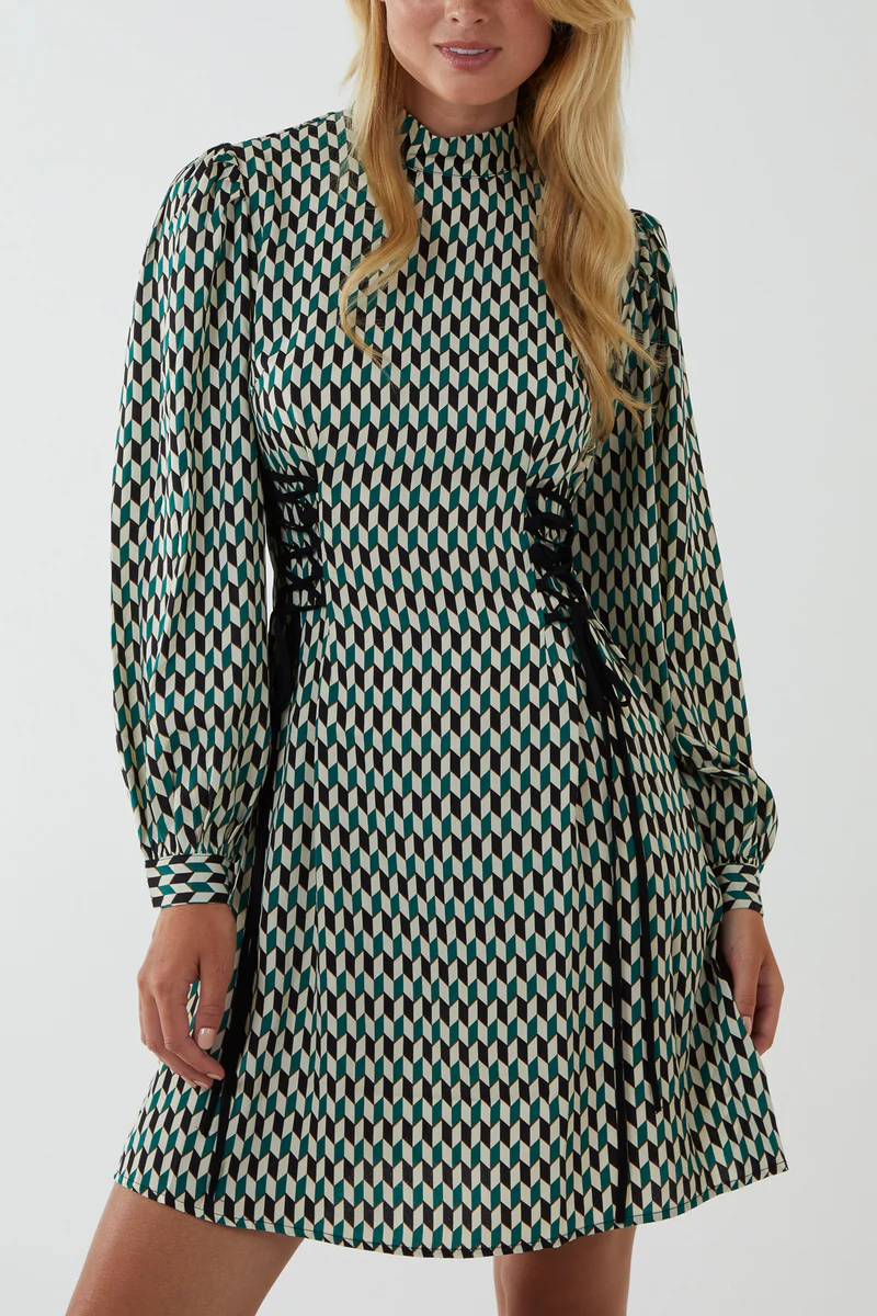 Geo High Neck Dress with Cinch Waist