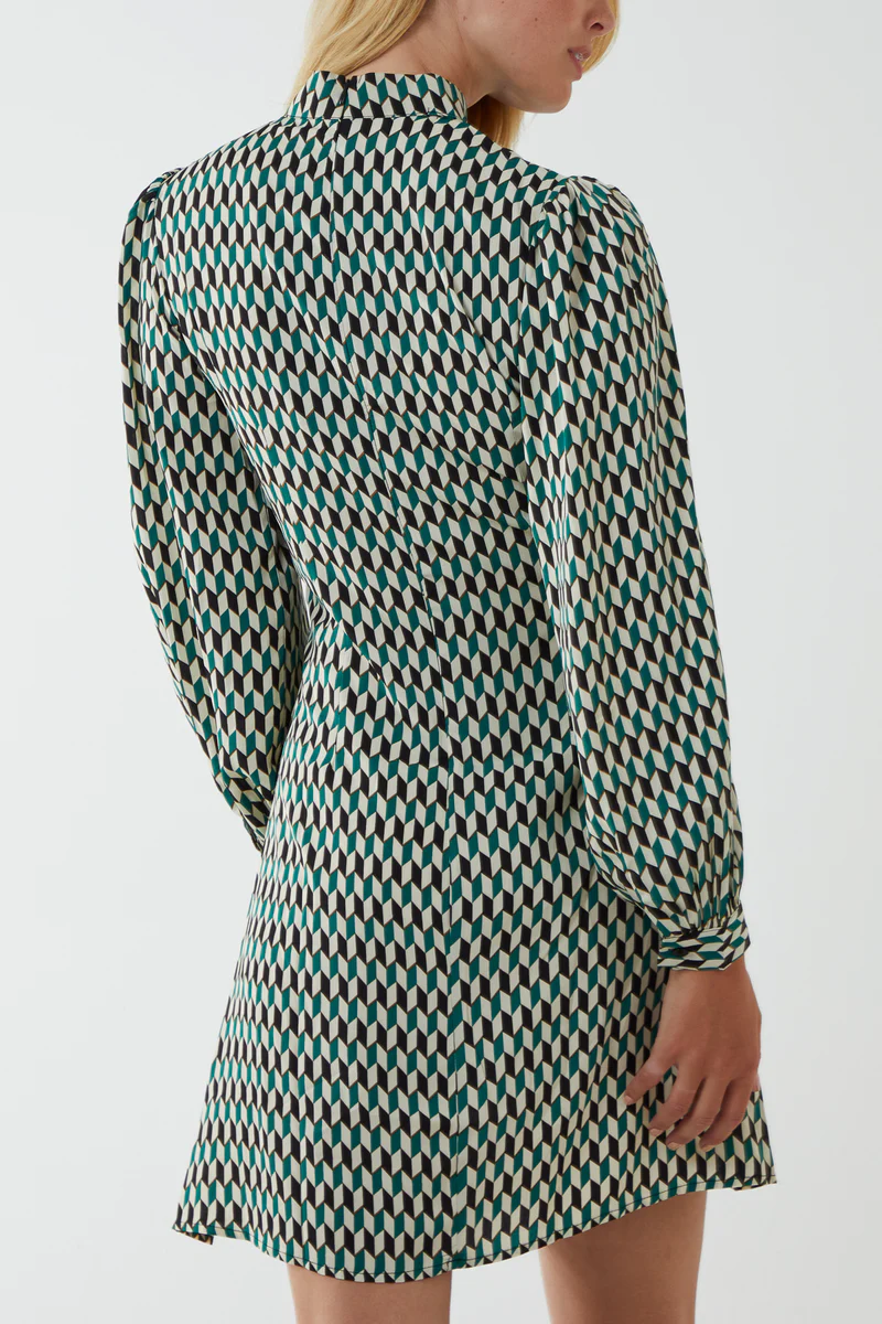 Geo High Neck Dress with Cinch Waist