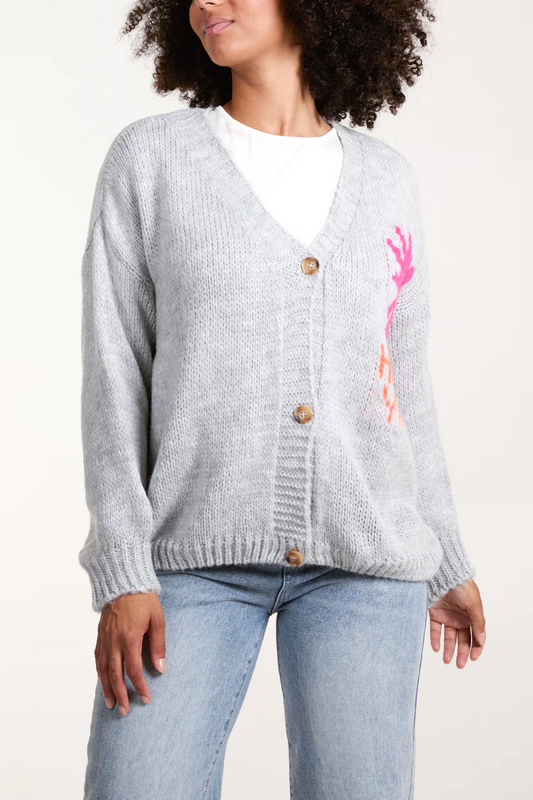 'Happy Vibes' Grey Flower Cardigan