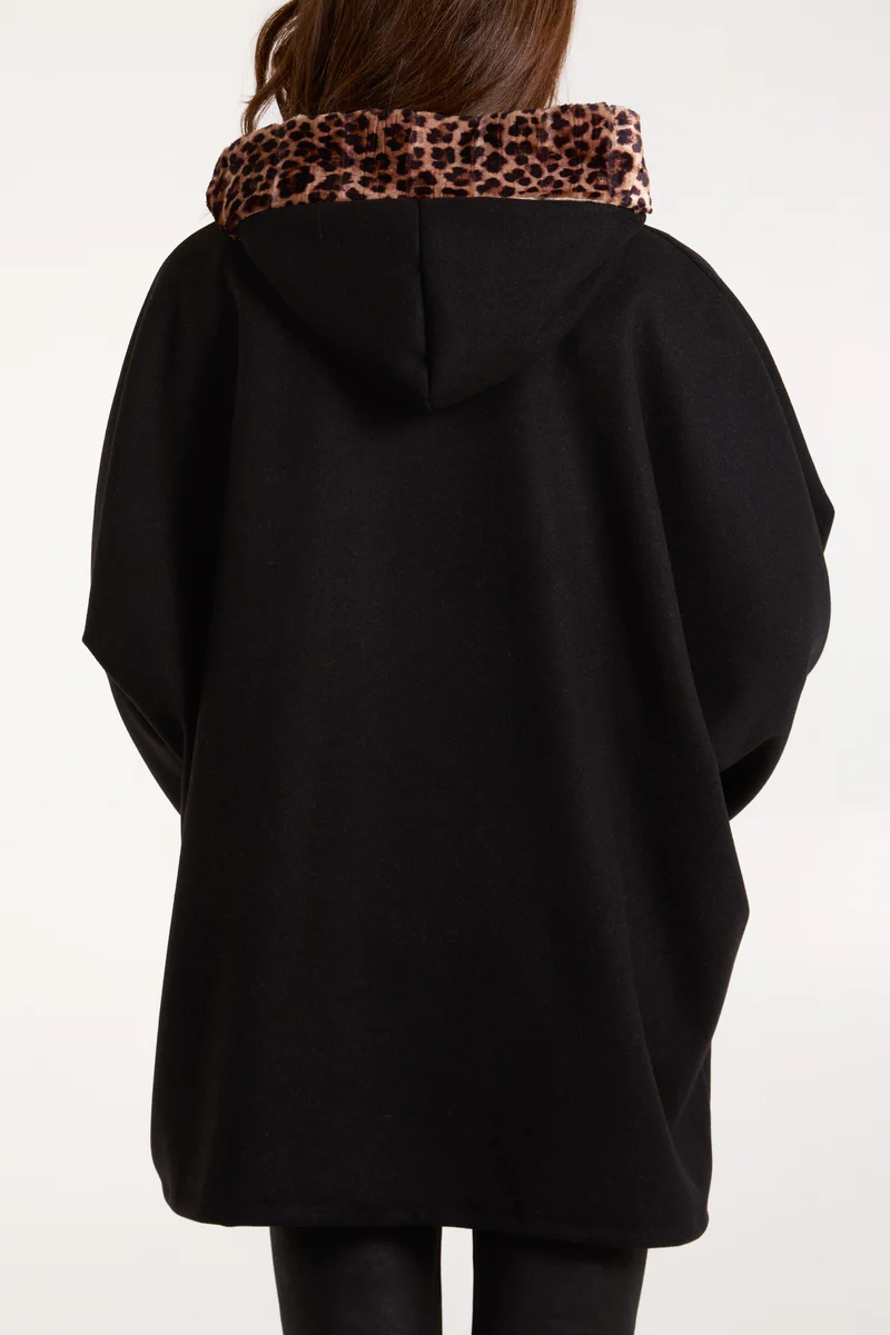Lightweight Leopard Fur Trim Hooded Coat