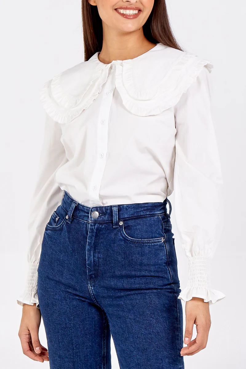 Round Collar Shirred Sleeve Poplin Shirt