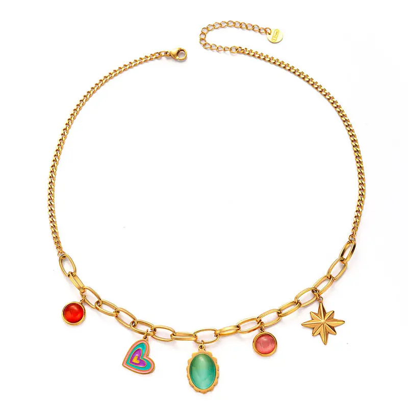 Multi Rainbow Charm Necklace in Gold