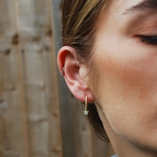 White Cubic Zirconia Star Drop Huggie Earring in Gold