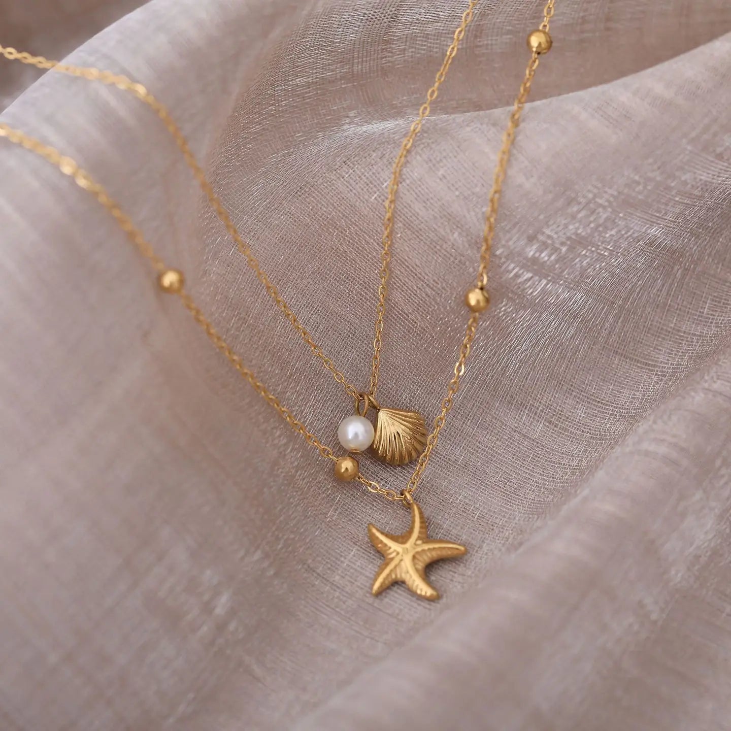 Twin Chain Necklace with Starfish, Shell & Pearl Charms