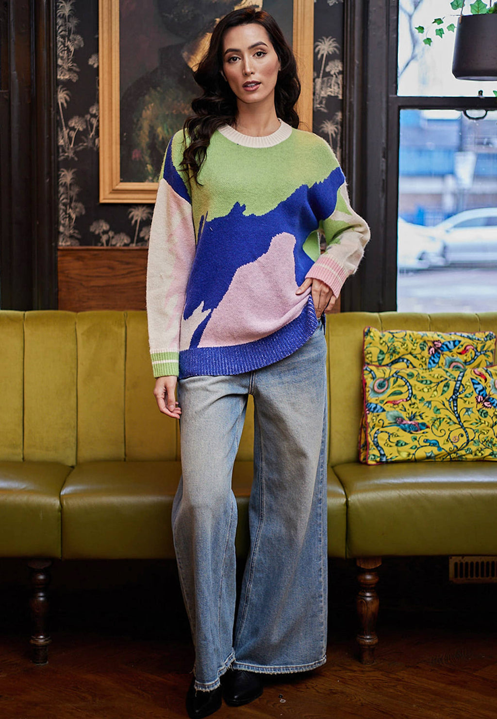 Abstract Knit Jumper In Green, Blue and Pink