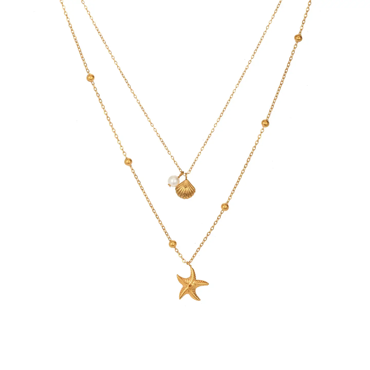 Twin Chain Necklace with Starfish, Shell & Pearl Charms