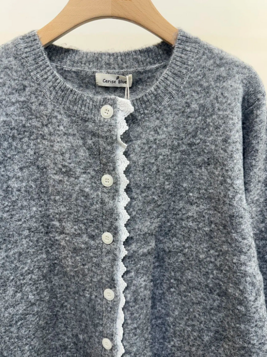 Grey Cardigan With White Lace Trim