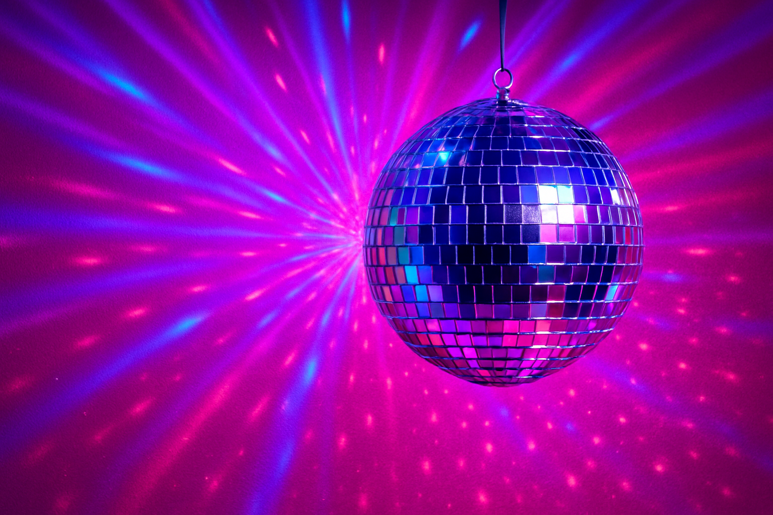 silver disco ball on barbie pink background with disco lighting