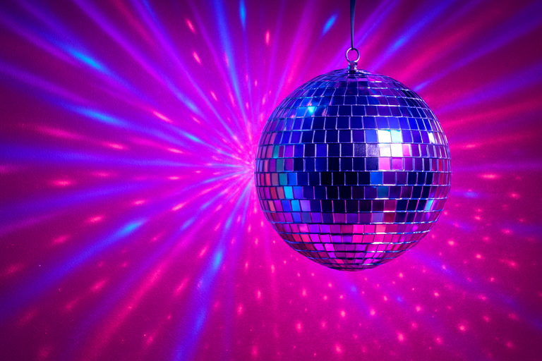 silver disco ball on barbie pink background with disco lighting