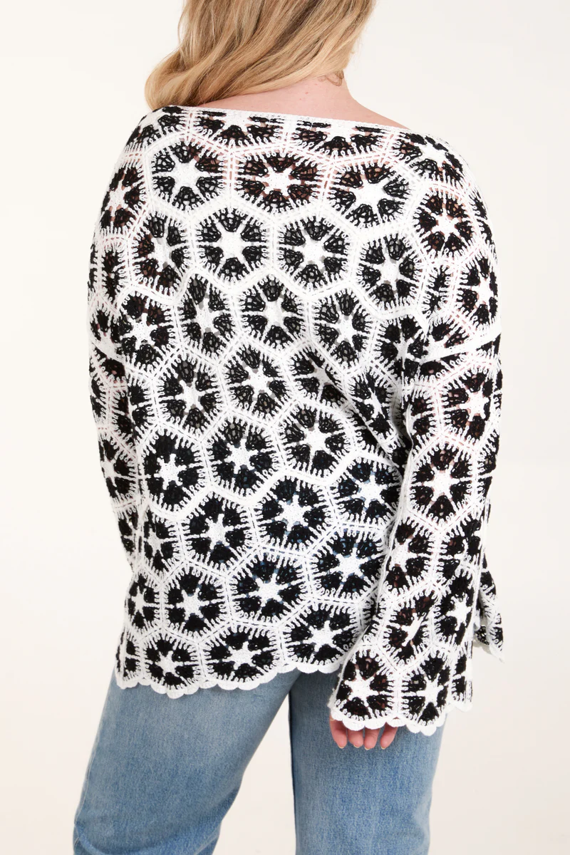 Black and White Long Crochet Scallop Top